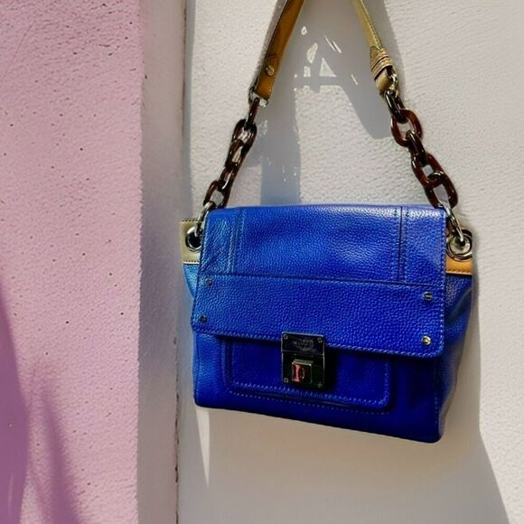 Milly Allie Cobalt Blue Pebbled Leather Bag Tortoiseshell Chain Strap Gold Lock - Picture 4 of 5